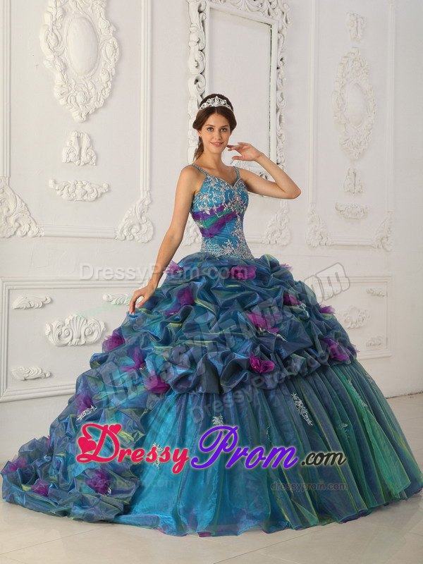 Straps Teal Ball Gown Organza Quinceanera Dress with Chapel Train