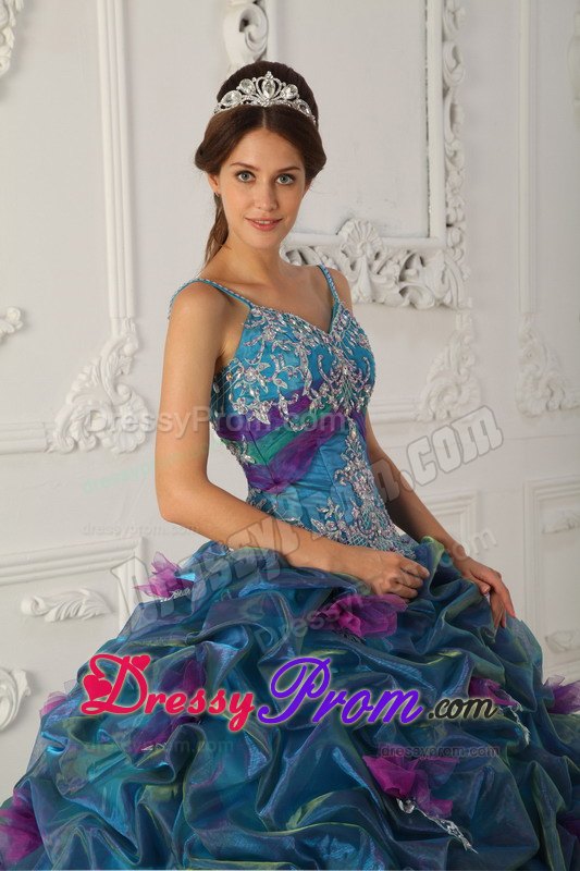 Straps Teal Ball Gown Organza Quinceanera Dress with Chapel Train