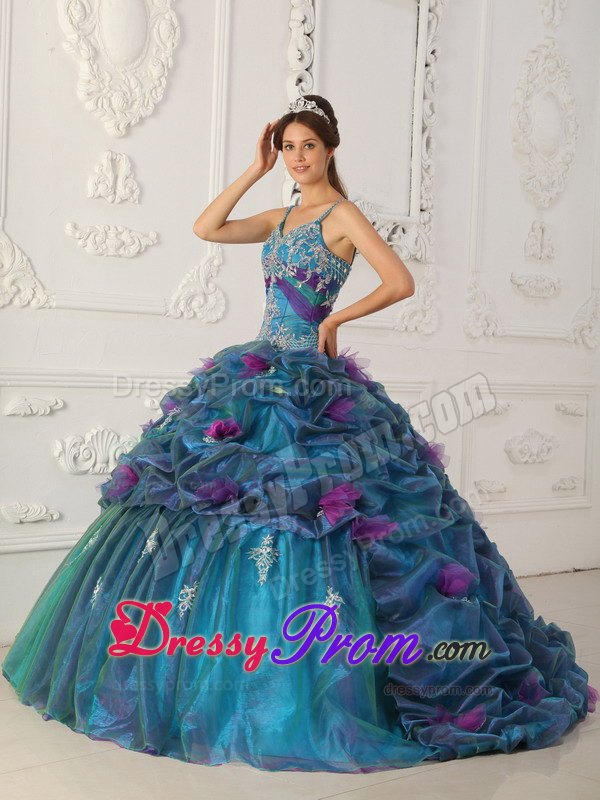 Straps Teal Ball Gown Organza Quinceanera Dress with Chapel Train