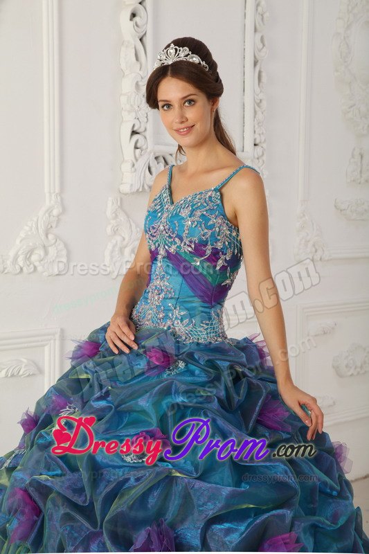 Straps Teal Ball Gown Organza Quinceanera Dress with Chapel Train