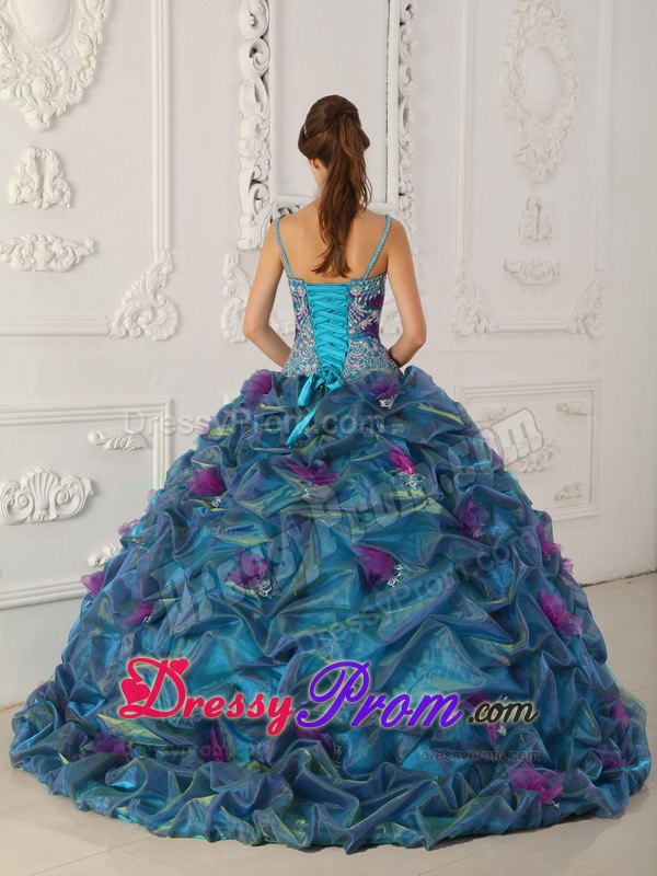 Straps Teal Ball Gown Organza Quinceanera Dress with Chapel Train