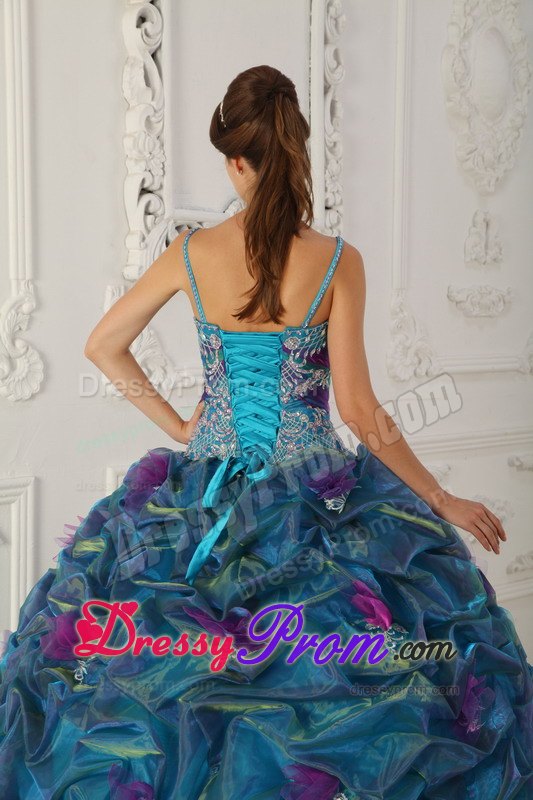 Straps Teal Ball Gown Organza Quinceanera Dress with Chapel Train