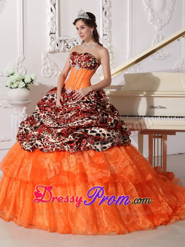 Sweetheart Leopard and Organza Appliques Dresses 15 with Sweep Train