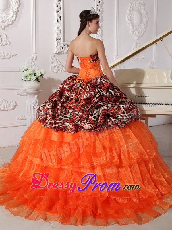 Sweetheart Leopard and Organza Appliques Dresses 15 with Sweep Train