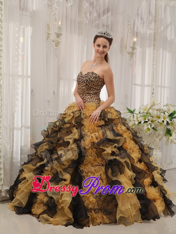 Organza and Leopard Sweetheart Sweet Sixteen Dresses with Ruffles