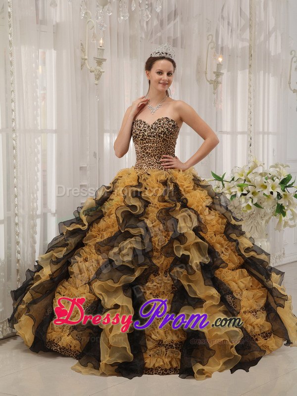 Organza and Leopard Sweetheart Sweet Sixteen Dresses with Ruffles