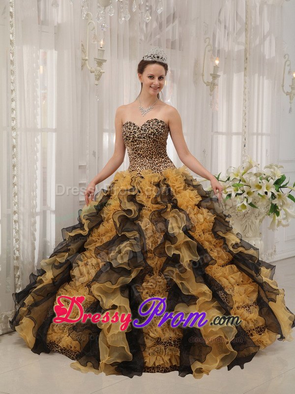 Organza and Leopard Sweetheart Sweet Sixteen Dresses with Ruffles