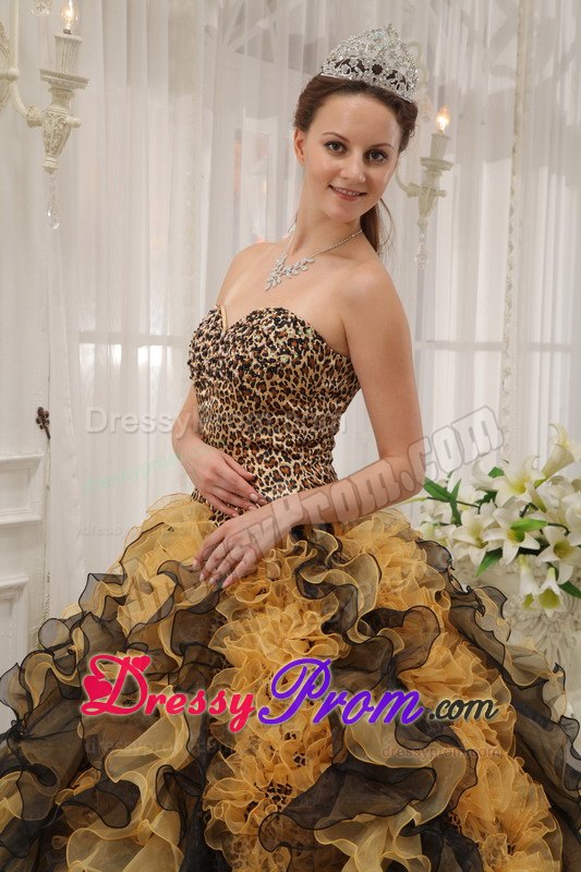 Organza and Leopard Sweetheart Sweet Sixteen Dresses with Ruffles