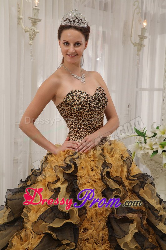 Organza and Leopard Sweetheart Sweet Sixteen Dresses with Ruffles
