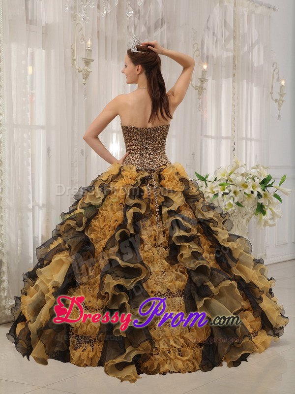 Organza and Leopard Sweetheart Sweet Sixteen Dresses with Ruffles