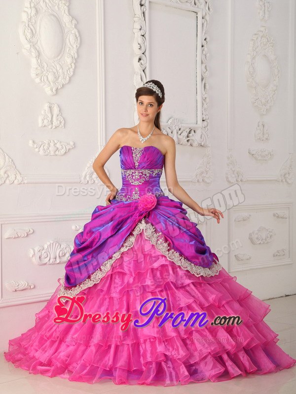 Ruching Hot Pink Ball Gown Lace and Appliques Sweet 16 Dresses