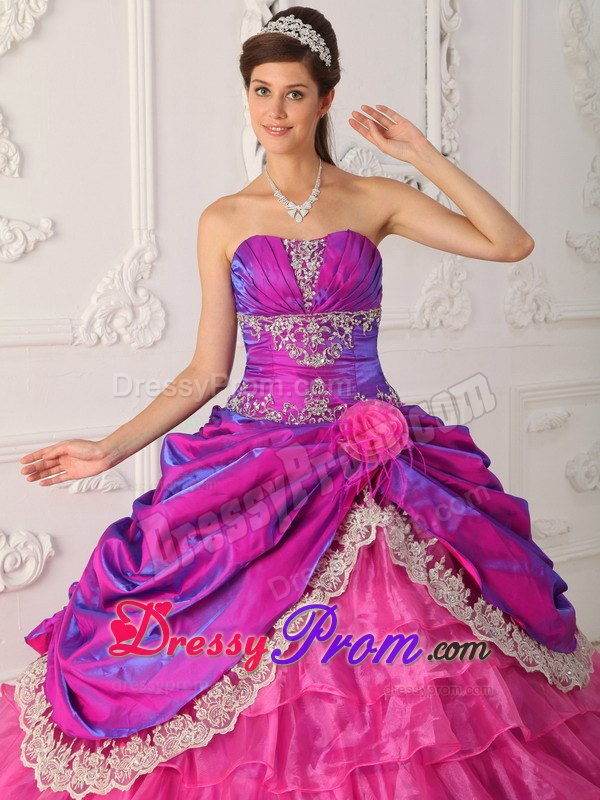 Ruching Hot Pink Ball Gown Lace and Appliques Sweet 16 Dresses