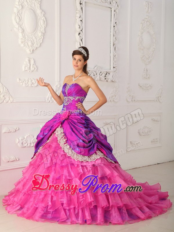 Ruching Hot Pink Ball Gown Lace and Appliques Sweet 16 Dresses