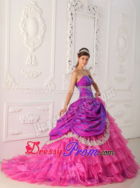 Ruching Hot Pink Ball Gown Lace and Appliques Sweet 16 Dresses