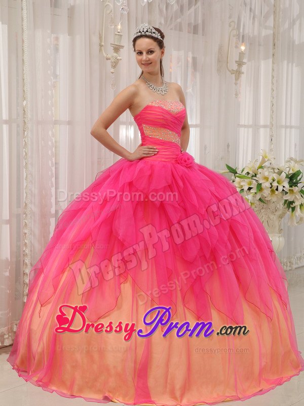 Beading Hot Pink Ball Gown Strapless Organza Quinceanera Dress