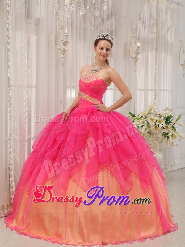 Beading Hot Pink Ball Gown Strapless Organza Quinceanera Dress