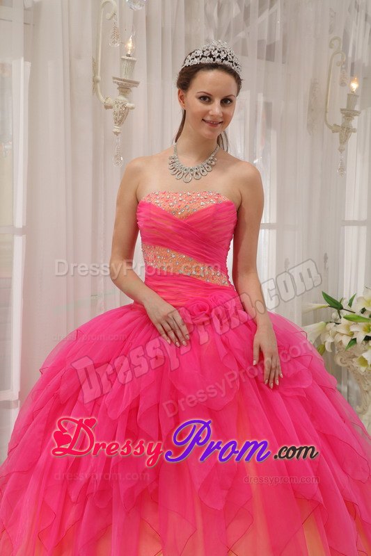 Beading Hot Pink Ball Gown Strapless Organza Quinceanera Dress