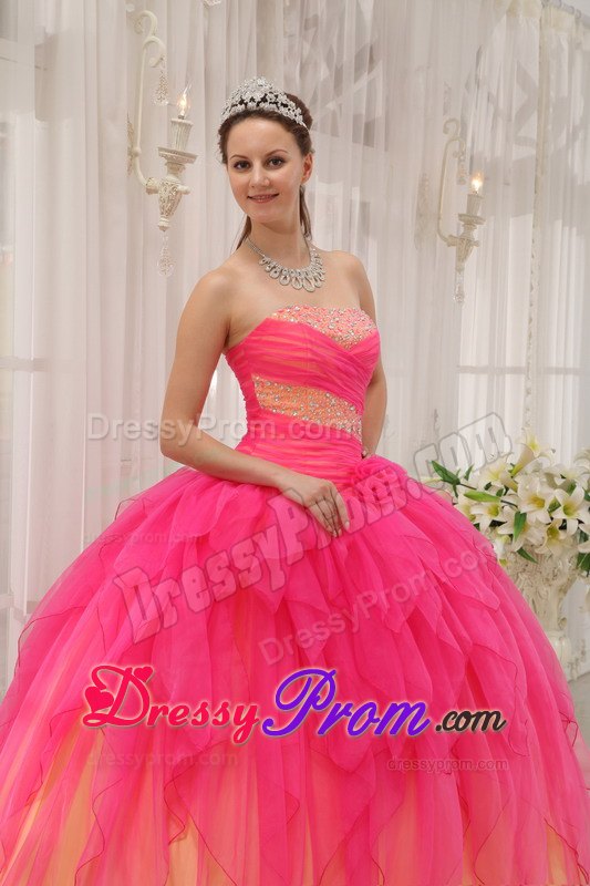 Beading Hot Pink Ball Gown Strapless Organza Quinceanera Dress