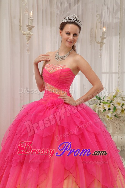 Beading Hot Pink Ball Gown Strapless Organza Quinceanera Dress
