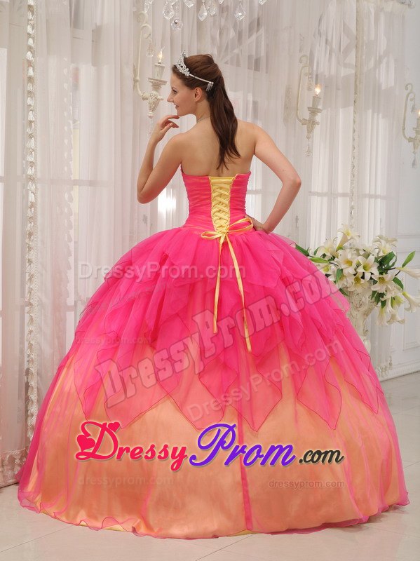 Beading Hot Pink Ball Gown Strapless Organza Quinceanera Dress