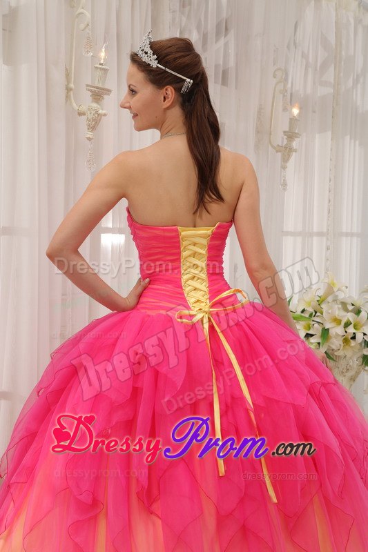 Beading Hot Pink Ball Gown Strapless Organza Quinceanera Dress