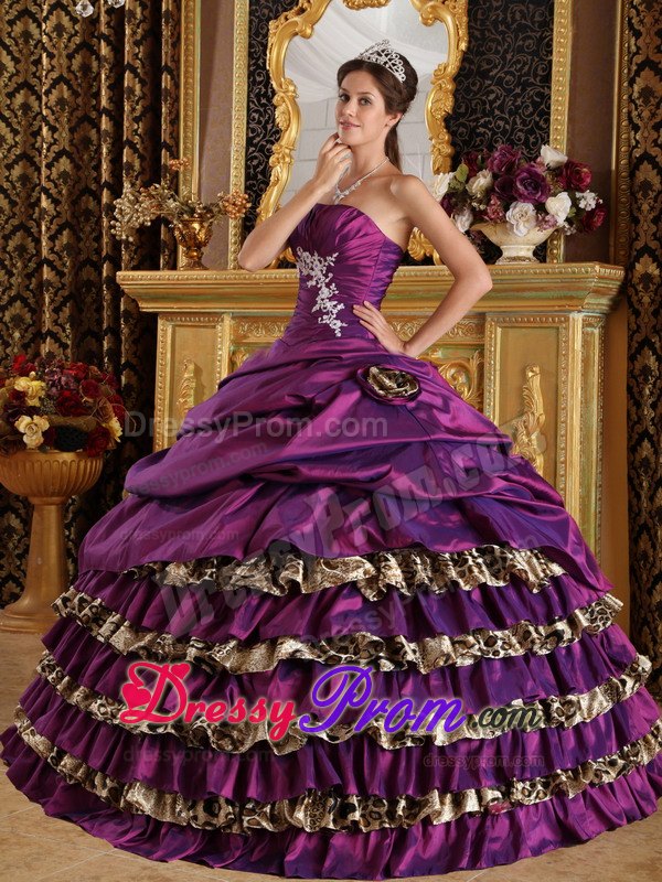 One Shoulder Taffeta and Leopard Purple Ball Gown Appliques Dresses 15