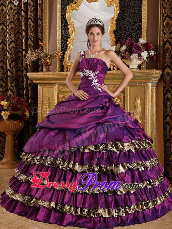 One Shoulder Taffeta and Leopard Purple Ball Gown Appliques Dresses 15