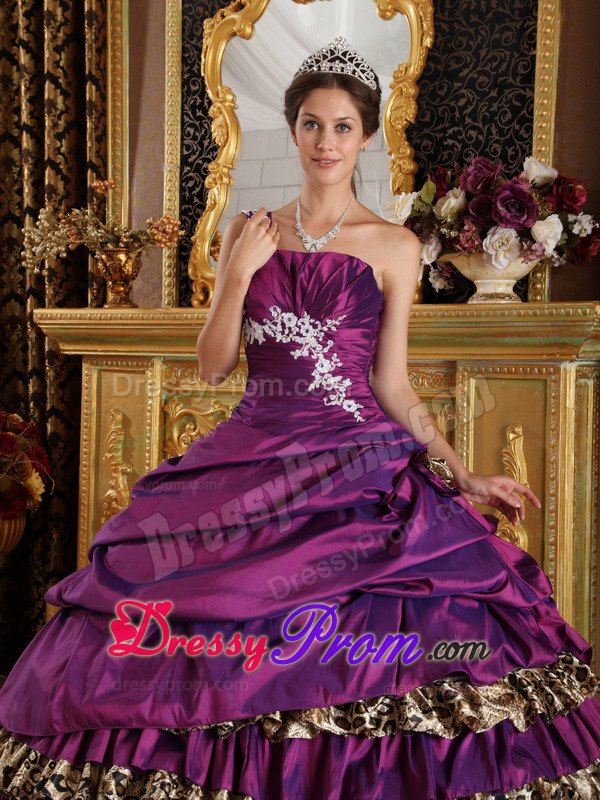 One Shoulder Taffeta and Leopard Purple Ball Gown Appliques Dresses 15
