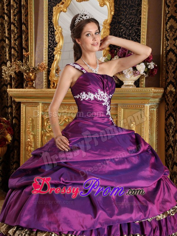 One Shoulder Taffeta and Leopard Purple Ball Gown Appliques Dresses 15