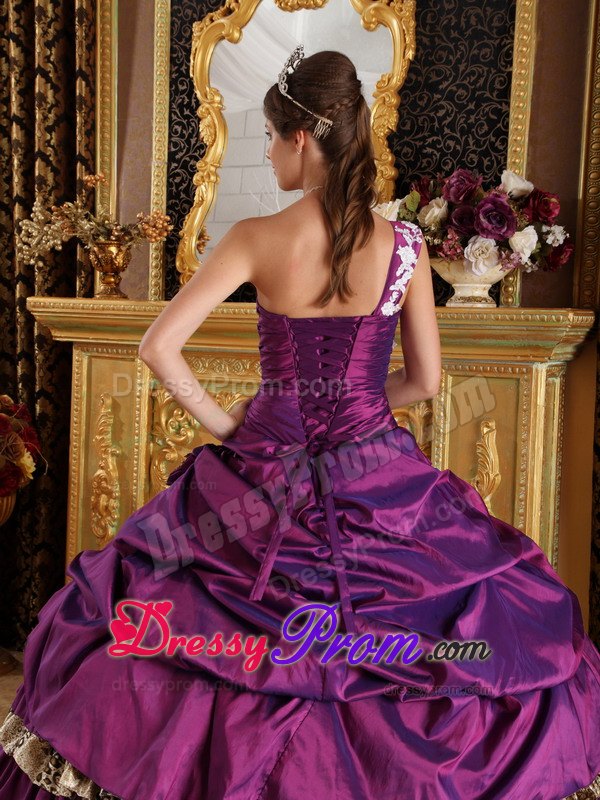 One Shoulder Taffeta and Leopard Purple Ball Gown Appliques Dresses 15