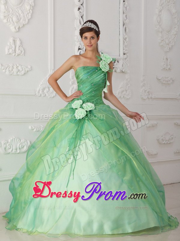 One Shoulder Apple Green Beading Quinceanera Dress with Hand Flower