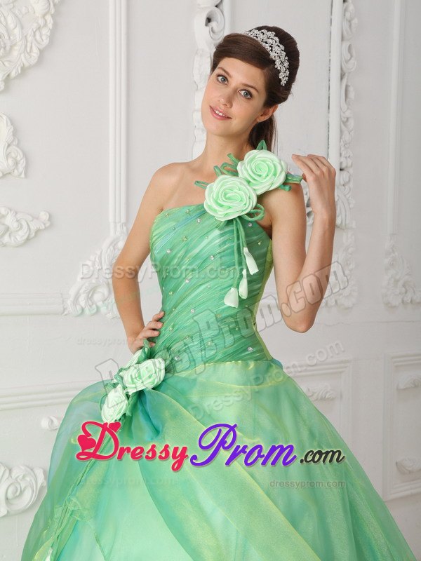 One Shoulder Apple Green Beading Quinceanera Dress with Hand Flower