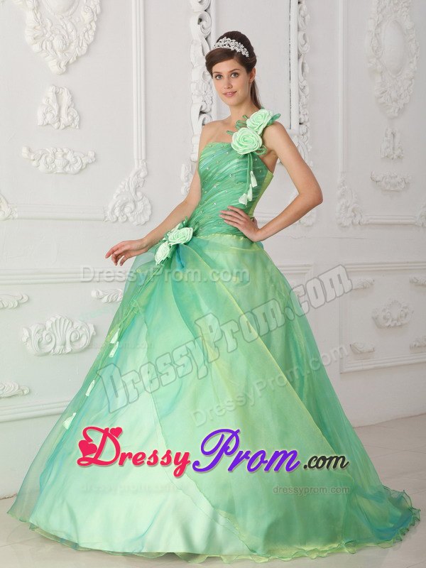 One Shoulder Apple Green Beading Quinceanera Dress with Hand Flower