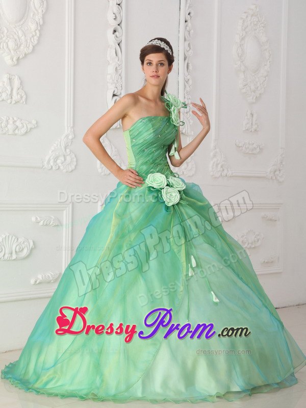 One Shoulder Apple Green Beading Quinceanera Dress with Hand Flower