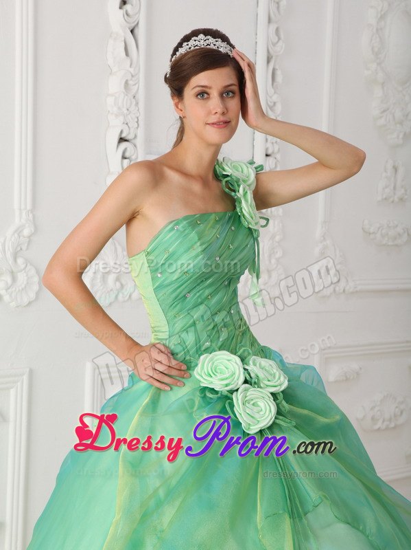 One Shoulder Apple Green Beading Quinceanera Dress with Hand Flower