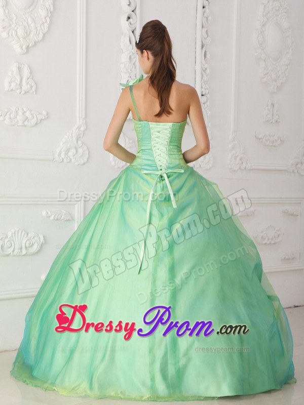 One Shoulder Apple Green Beading Quinceanera Dress with Hand Flower