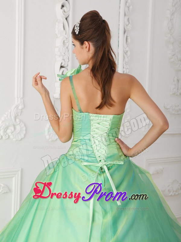 One Shoulder Apple Green Beading Quinceanera Dress with Hand Flower