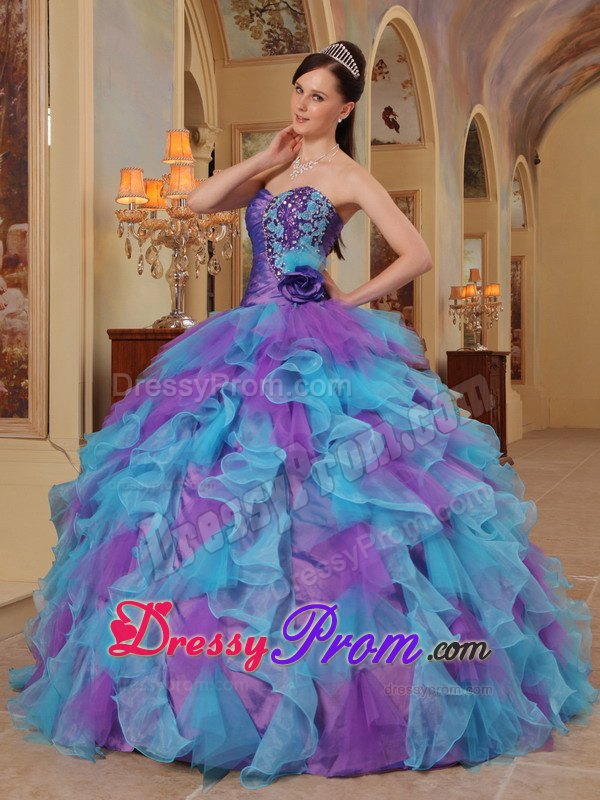 Purple and Aqua Blue Sweetheart Ruffles Organza Dresses For a Quince
