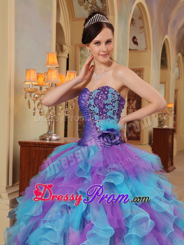 Purple and Aqua Blue Sweetheart Ruffles Organza Dresses For a Quince
