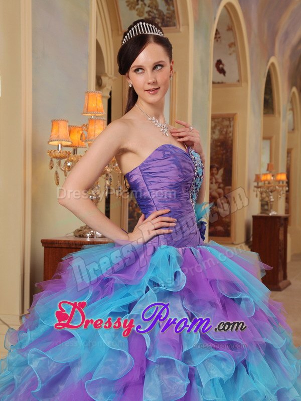Purple and Aqua Blue Sweetheart Ruffles Organza Dresses For a Quince