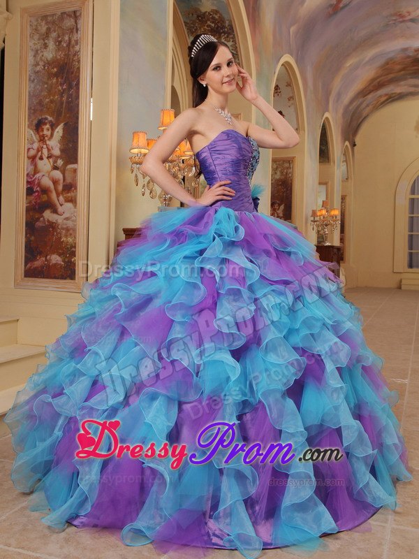 Purple and Aqua Blue Sweetheart Ruffles Organza Dresses For a Quince