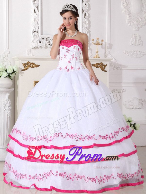 White and Hot Pink Quinceanera Dress with Beading and Embroidery