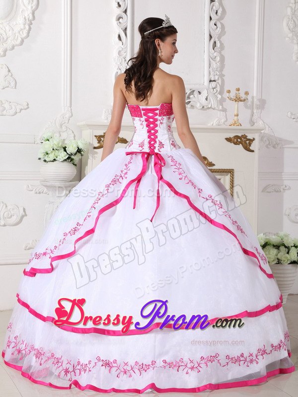 White and Hot Pink Quinceanera Dress with Beading and Embroidery