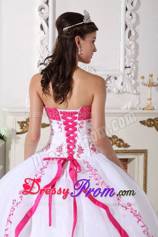 White and Hot Pink Quinceanera Dress with Beading and Embroidery