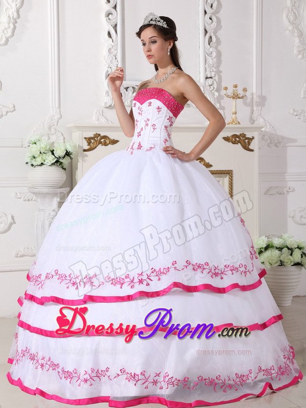 White and Hot Pink Quinceanera Dress with Beading and Embroidery