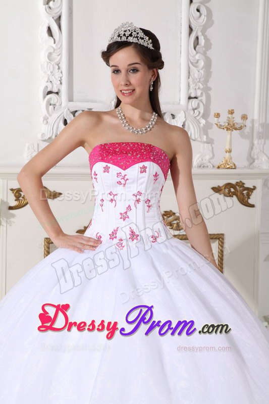 White and Hot Pink Quinceanera Dress with Beading and Embroidery
