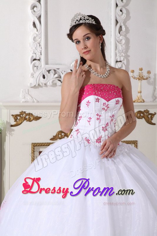 White and Hot Pink Quinceanera Dress with Beading and Embroidery