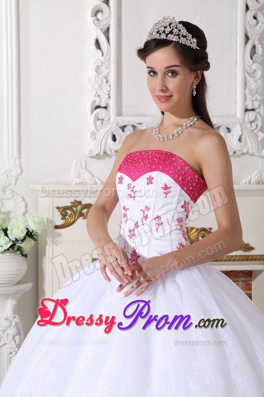 White and Hot Pink Quinceanera Dress with Beading and Embroidery