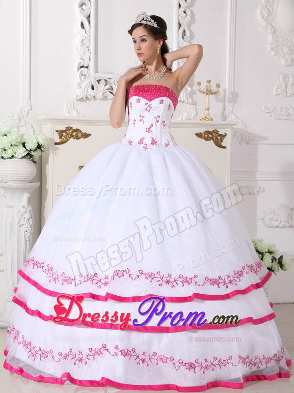 White and Hot Pink Quinceanera Dress with Beading and Embroidery