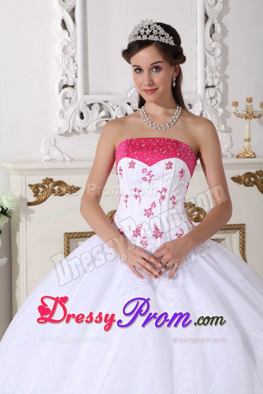 White and Hot Pink Quinceanera Dress with Beading and Embroidery